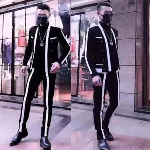 Men Suits Black And White Stitching Nightclub Dj Tide Star Singer Suits Fashion Self-cultivation High-quality Small Suits 2020