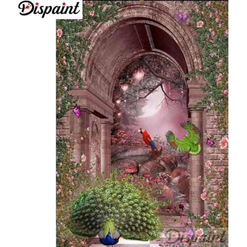 Dispaint Full Square/Round Drill 5D DIY Diamond Painting "peacock Door scenery" Embroidery Cross Stitch 5D Home Decor A18416