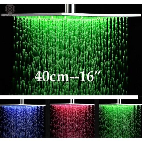 Polished Chrome Brass LED 16" Shower Head Big Rainfall Square Showerhead Color Changing