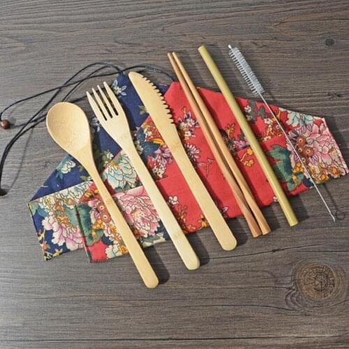 Portable Bamboo Cutlery Set Picnic Natural Reusable Knife Straw Spoon Fork Chopstick Kitchen Utensil LX8553