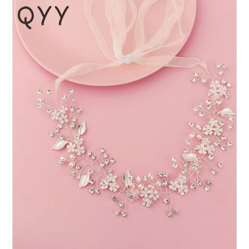 QYY Bridal Wedding Hair Accessories Handmade Flower Leaf Rhinestone Headbands for Women Bride Headpiece Bridal Hair Jewelry Gift