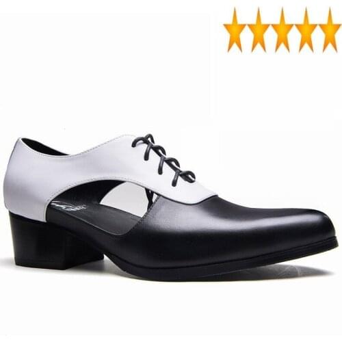 Lace Summer Men Pointed Toe Up Genuine Leather Block Med Heels Office Work Shoes Design Casual Hollow Out Sandals White