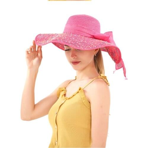 Colorful New Women Summer Travel Beach Casual temperament UV Protection Bowknot Wide Brim Straw Hat Sun Cap