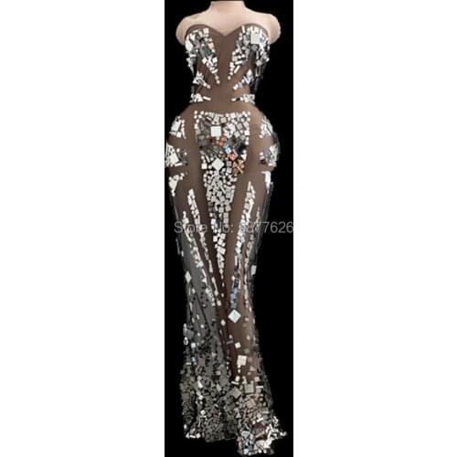 Sexy see trough mirror dresses mesh Perspective Sequins Party Long Dress Women Prom Party stage show costume