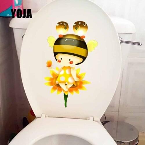 YOJA 14X22.2CM Cartoon Home Decor Wall Sticker Toilet Seat Decal Bee Headgear Flowers Playing T5-0875