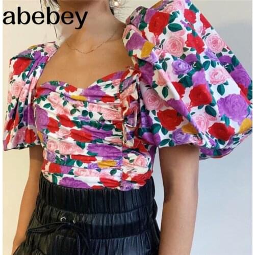 Floral Print ropa mujer Fashion Puff Sleeve blouse women harajuku Side Ruffles shirt Vintage Backless Tie Blouse
