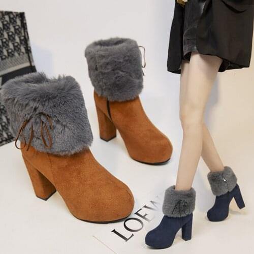 Womens Ankle Boots Winter 2021 New High-heel Ladies Fashion Boots Large Size35-43 Suede Warm Women Winter Shose Botas Mujer