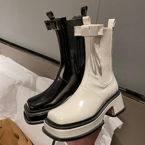 2021 New Butterfly Knot Women Chelsea Boots Real Leather Thick Soled Short Boots Square Toe Slip On Ladies Platform Sweet Boties