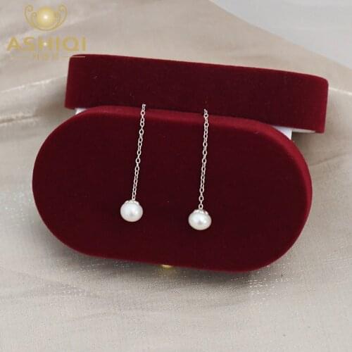 ASHIQI Natural Freshwater Pearl Long Earrings 925 Sterling Silver Jewelry for Women Gift