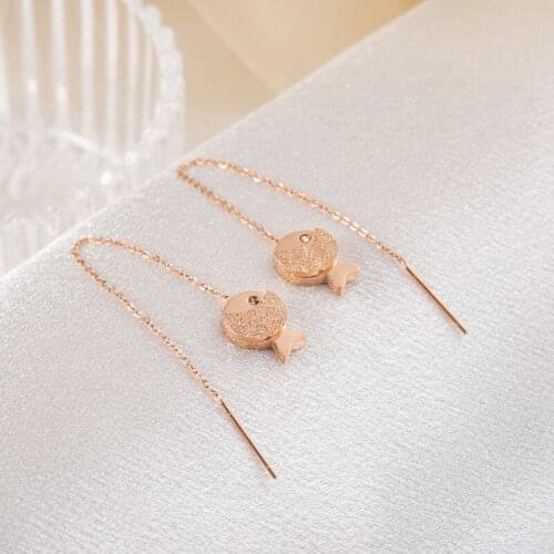 Cute Rose Gold Color Frosted Fishes Long Chain Drop Earrings For Women Fashion No Fading Stainless Steel Ear Line Jewelry Female