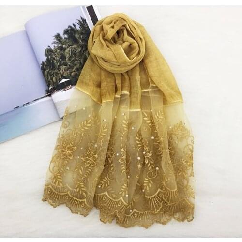 Women floral lace beads scarf luxury bandhnu cotton muslim hijab scarves wraps pearl headband shawls pashmina 180*90cm