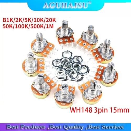 2pcs WH148 3pin 15mm B1K B2K B5K B10K B20K B50K B100K B250K B500K B1M Potentiometer 1K 2K 5K 10K 20K 50K 100K 250K 500K 1M
