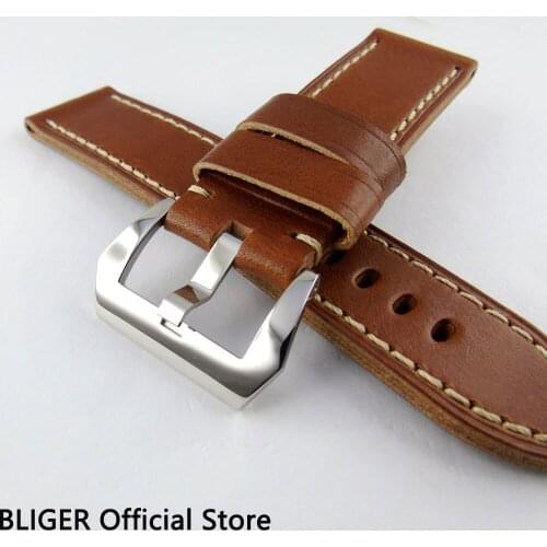 BLIGER 22mm Brown Genuine Leather Strap Stainless Steel Buckle Pin Clasp Watch Band Fit For Mechanical Mens Wrist Watch ST22