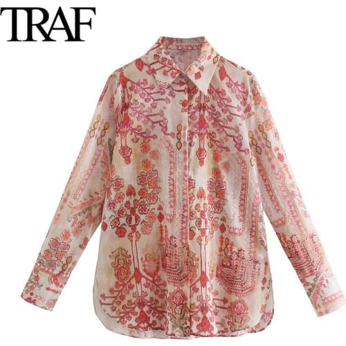Traf Za Women Fashion Fall 2021 Printed Long Sleeve Blouses Loose Button Up Shirts Chic Office Ladies Tops Mujer