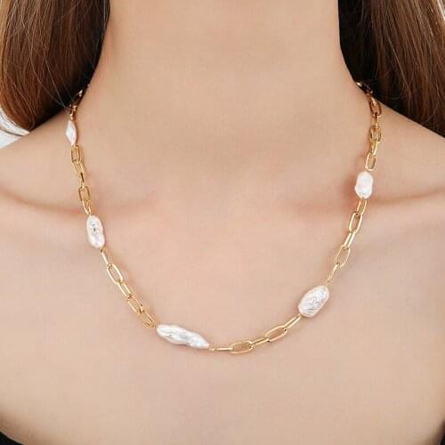 Lifefontier Gold Color Metal Link Chain Choker Necklace Irregular Freshwater Pearl Necklaces for Women Jewelry Accessories 2021