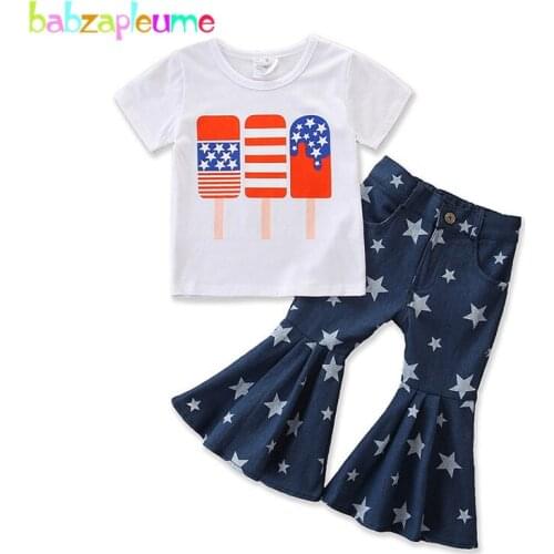 Summer Baby Girls Clothes Cartoon Cute Cotton Short Sleeve Children T-shirt+Loose Jeans Pants Boutique Kids Clothing Sets 1921