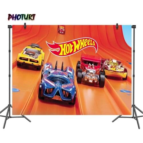 PHOTURT Cartoon Hot Wheel Photography Backdrop Boy 1st Birthday Party Background Race Car Track Vinyl Photo Banner Props