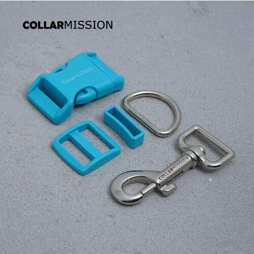 Engraving(plastic buckle+Tri-Glid+square keeper+D ring+metal dog clasp/set) high quality lake blue 25mm dog collar parts