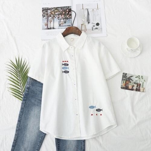 Preppy Style Short Sleeve White Shirts Women Casual Turn-down Collar Cartoon Fish Emboridery Cotton Blouses Student Basic Tops