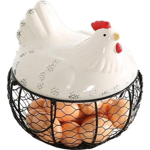 Black Metal Mesh Wire Egg Storage Basket with White Ceramic Farm Chicken Top and Handles