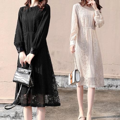 Lace Dress 2019 Spring and Autumn Large Size Womens Long Sleeve Dress Bottom Long Blusa Ladies Elegant Vestidos 4XL f2083