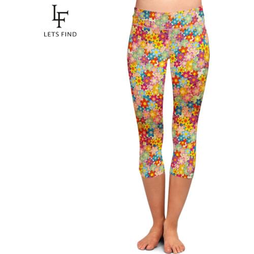 Summer New Arrival High Waist Colorful Flowers Print Women Capri Leggings Elastic Plus Size Mid-Calf Women Casual Leggings