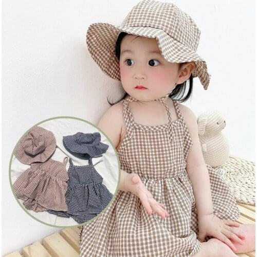Summer sleeveless girls ha baby romper suit to cap the infant child dress grid condole to take out