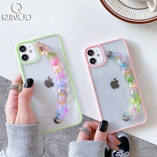Cute Colorful Clear Case With Chain For iPhone 11 Pro Max 12 Mini XS XR X 7 8 Plus SE 2020 Wrist Strap Holder Transparent Cover