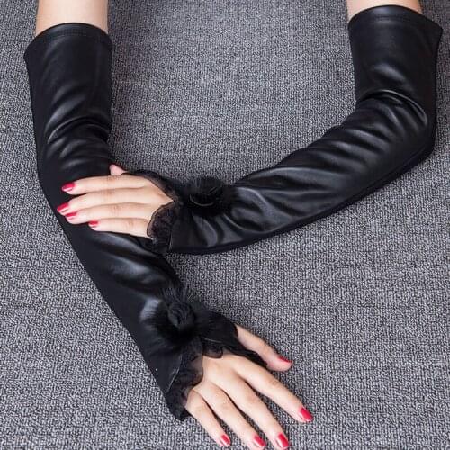 Fashion Black Sheepskin Gloves Female 40cm Long Arm Warmers Women Semi-Fingers Gloves Genuine Leather Fingerless Mittens