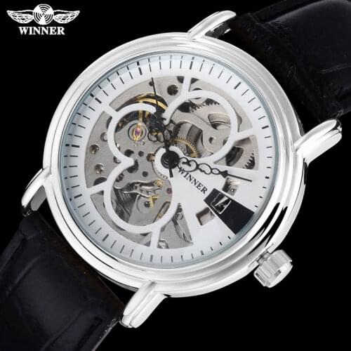 2016 WINNER popular brand men fashion automatic self wind watches skeleton white dial transparent glass silver case leather band