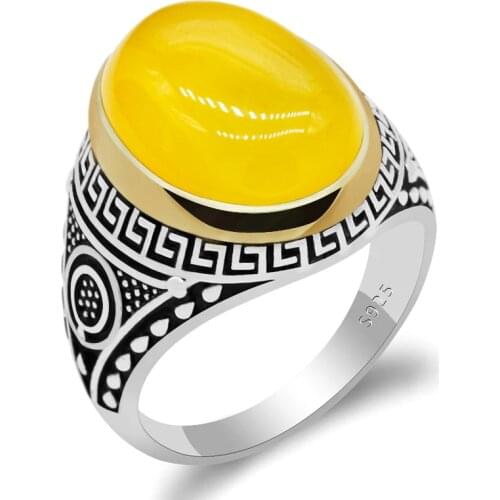 S925 Sterling Silver Men Ring with Natural Yellow Agate Stone Turkish Jewelry Rings for Women Male Gold Vintage Birthday Gift