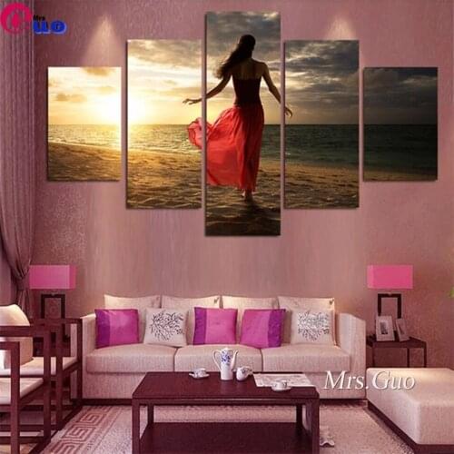 5 Pcs Diy Diamond Painting Sunset Beach Beautiful Woman Home Decor Wall Art Full Square Drill Cross Stitch Embroidery Rhinestone