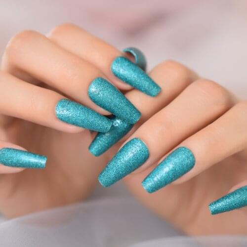 Shiny Glitter Ballerina Coffin False Nail Sequin Peacock Blue Green Press on Ballet Fake Nails Tip Reusable Girl Wear Nail Tip
