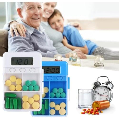 Newest Medicine Boxes 4 Grid Intelligent Storage Box Electronic Timing Reminder Pill Box Alarm Timer Pills Box Pill Splitter