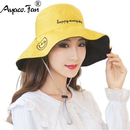 Women Bucket Hats Two Side Wear Solid Smile Embroidery Unisex Caps Hip Hop Gorros Folding Lace-up Panama Cap Beach Boonie Sunhat