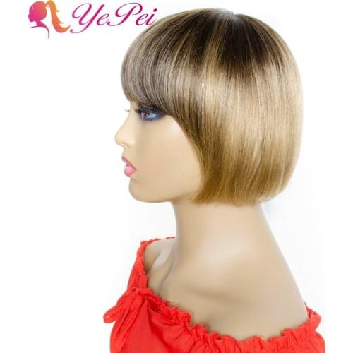Ombre Straight Human Hair Wigs Brazilian Remy Hair Short Bob Wig With Bangs 4/27 Honey Blonde Full Machine Wigs Yepei Hair