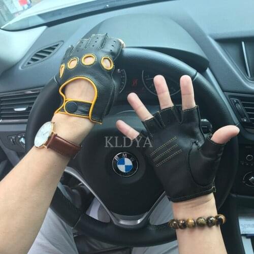 Spring NEW Mens Genuine Leather Fingerless Gloves Non-slip Half Finger gym Workout Fitness Unlined Driving Male Gloves Mittens