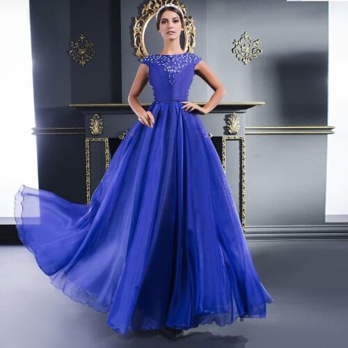 Poretrait Jewel A-line Net/Tulle Floor length Beads Applique Button Sleeveless Open back Dark Navy Evening Dresses