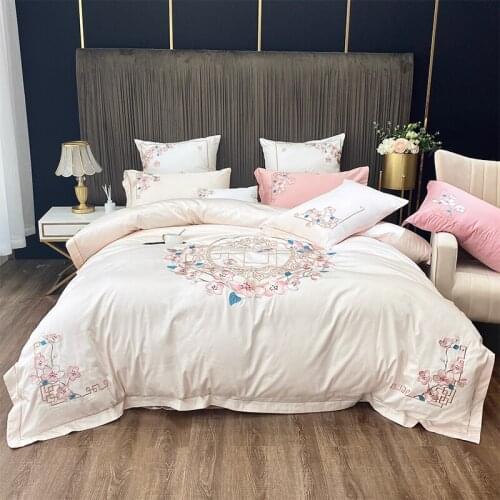Luxury Chinese Style Bloom Flowers Embroidery Egyptian Cotton Bedding Set Duvet Cover Bed Linen Fitted Sheet Pillowcases 4Pcs