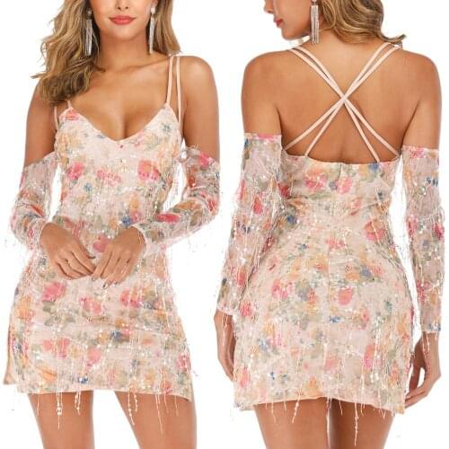 Breathable Women Dress Sexy Spaghetti Straps Ladies Dresses Back Sparkly Sequin Princess Sundress Floral Print Tassel Mini Dress