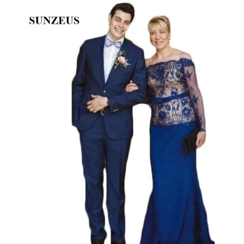 Blue Tulle Long Sleeve Formal Evening Dresses Lace Elegant Mother of the Bride Dress Boat Neck Groom Mother Gowns Long
