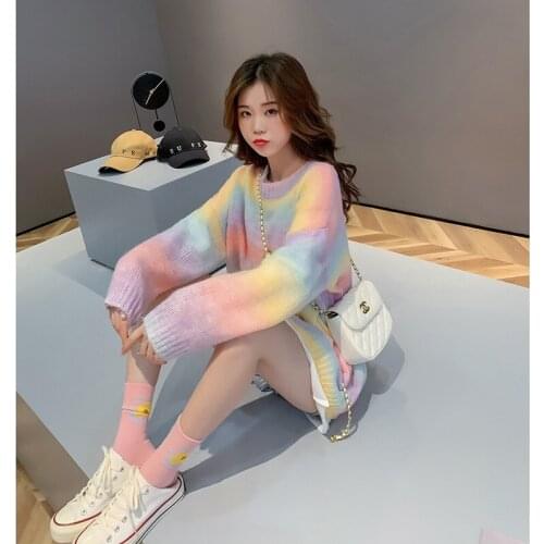 Spring Autumn Women Rainbow Sweaters Tie Dye Pullover O-Neck Long Loose Striped Korean Jumpers Candy Color Female Tops SA153