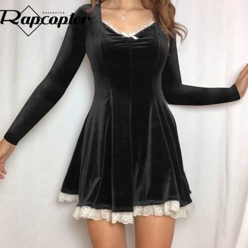 Rapcopter Velvet Vintage Mini Dresses Lace Patchwork Pleated Dress Korean Black Long Sleeve Party Dresses Clubwear Autumn Women