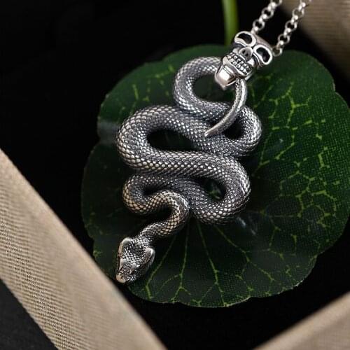 100% 925 Sterling Silver Skull Snake Man Pendant Vintage Thai Silver Skull Pendant Punk Handcrafted Necklace Pendants Jewelry