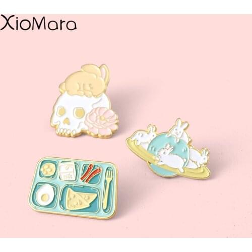 Breakfast Time! Skeleton Bunny Planet Enamel Pins Cute Bacon Toast Poached Egg Brooches For Women Lapel Badge Anime Jewelry Gift