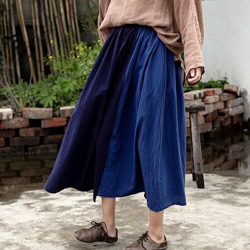 QPFJQD Ladies Loose Elastic Waist Cotton Linen Skirts Retro Women 2021 Autumn Summer Spliced Blue Skirt Patchwork