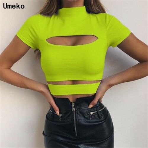 Umeko 2020 Summer Sexy Solid Black Turtleneck Short Sleeve T-Shirt Tees Tops Women Strip Hollow Out Short Casual Tees Crop Tops