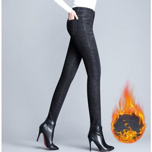 Womens Thick Velvet Trousers Casual Skinny Stretch Jeans Solid Female Winter Warm Jeans for Women High Waisted Black Pants