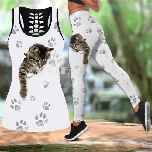 Baby Cat Animal Art Two Piece Yoga Set Women 3D Print Vest Hollow Out Tank Top High Waist Legging Summer Casual Sport1