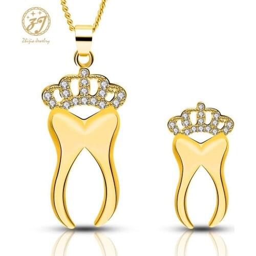Zhijia Fashion Brand Jewelry Crown&Tooth Shape Crystal Rhinestone Pendant Necklace For Women Gifts